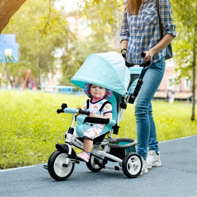 HOMCOM Triciclo para Bebés +12 Meses con Mango de Empuje Telescópico y Desmontable Bolso para Mamá y Portabotellas Verde Mint