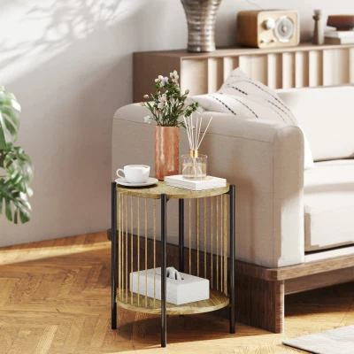 HOMCOM Runder Beistelltisch mit 2 Ebenen und Stahlkonstruktion für Wohnzimmer Schlafzimmer 43,5x43,5x51 cm Natur