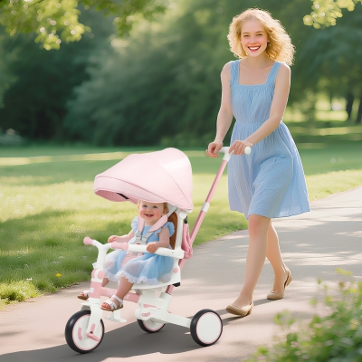 AIYAPLAY Kinder-Dreirad, wandelbarer Baby-Buggy, 5-in-1 Design, abnehmbarer Schiebegriff, verstellbar, Sicherheitsgurt, Aufbewahrungstasche, 1-3 Jahre, Rosa