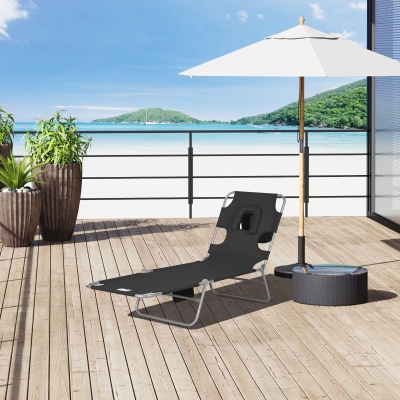 Outsunny Foldable Sun Lounger - Beach Chaise Lounge with Reading Hole, Arm Slots, 5-Position Adjustable Backrest, Side Pocket, Pillow for Patio, Garden, Beach, Pool, Black