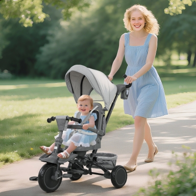 AIYAPLAY Tricycle 6 en 1 Pliable Siège Pivotant 360° Gris