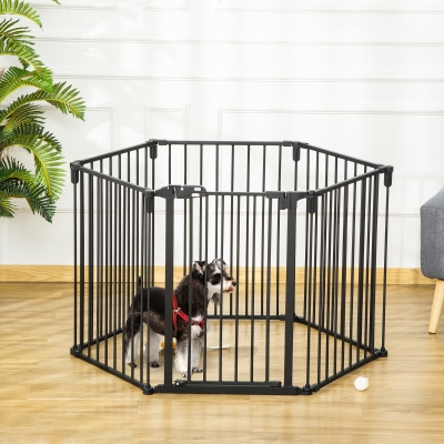 PawHut Pet Safety Barrier Fireplace Guard Fence Playpen Dog Enclosure Folds Modular 6 Panels with Gate No Drill 362.5 x 76 cm Black