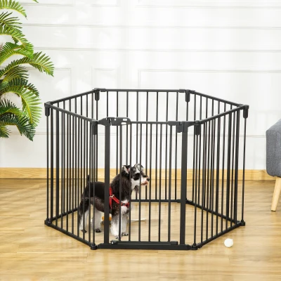 PawHut Pet Safety Barrier Fireplace Guard Fence Playpen Dog Enclosure Folds Modular 6 Panels with Gate No Drill 362.5 x 76 cm Black