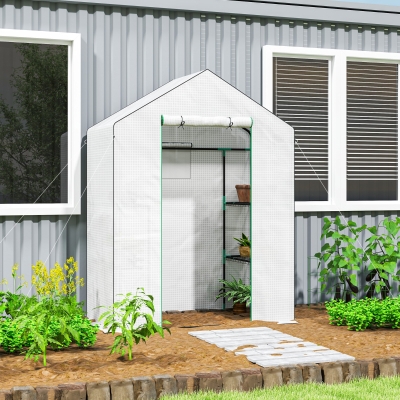 Outsunny Invernadero de Exterior con 6 Estantes Puerta Enrollable Cubierta de PE y Marco de Acero 143x74x190 cm Blanco