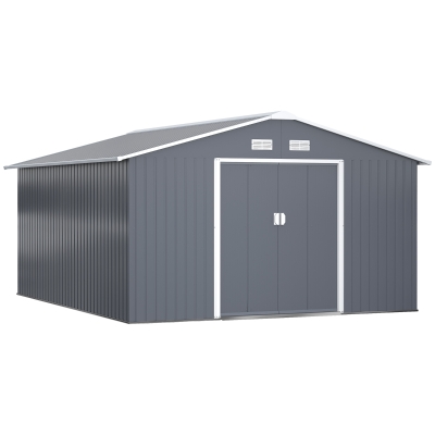 Outsunny 13 x 11ft Garden Metal Storage Shed, Outdoor Storage Tool House with Ventilation Slots, Floor Foundation and Lockable Double Doors, Grey