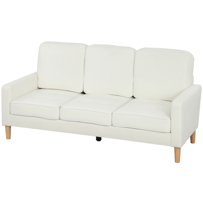 HOMCOM 3-Sitzer-Sofa mit dicken Kissen, Kautschukholz, Stoffbezug, Polstersofa für Wohnzimmer, Büro, Schlafzimmer, Cremeweiß