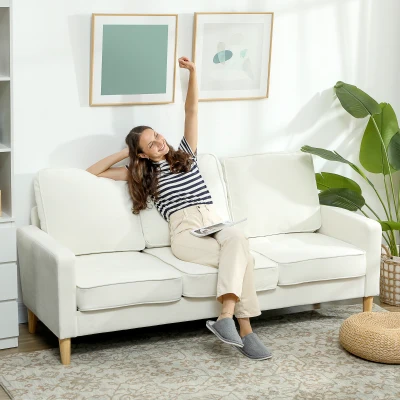 HOMCOM 3-Sitzer-Sofa mit dicken Kissen, Kautschukholz, Stoffbezug, Polstersofa für Wohnzimmer, Büro, Schlafzimmer, Cremeweiß