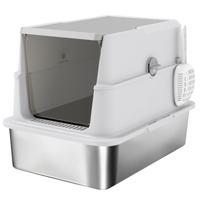 PawHut Stainless Steel Cat Litter Tray with Scoop, Flip Top