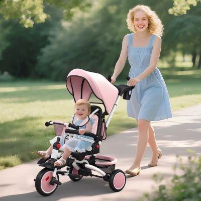 AIYAPLAY Tricycle Bébé 6 en 1 Pliable Siège Pivotant 360° Rose