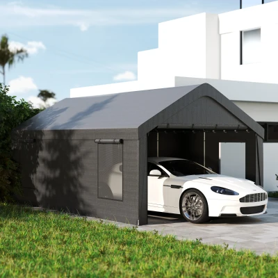 Outsunny Garaje Exterior para Coche 6x3,6 m Impermeable con Tejido PE Resistente Marco de Acero Paredes Desmontables Gris Oscuro
