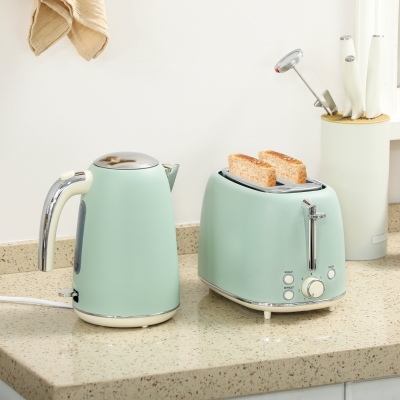 HOMCOM Set Wasserkocher und Toaster, Edelstahl-Wasserkocher 1,7 L und 2200 W und 2-Scheiben Toaster, grün