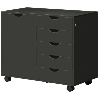 HOMCOM Bürowagen mit 5 Schubladen 1 Tür verstellbarem Regal, Druckerstand auf Rollen, 78x40x66,5 cm, Schwarz