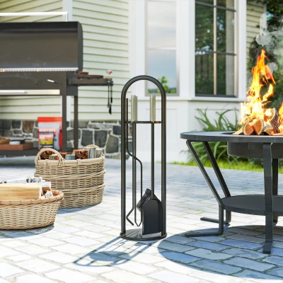 Outsunny 5pc Metal Fireplace Companion Set with Stand Silver
