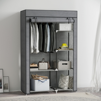HOMCOM Armario de Tela Plegable Ropero Portátil con 6 Estantes y 1 Barra de Colgar para Dormitorio 103x43x162,5cm Gris Oscuro