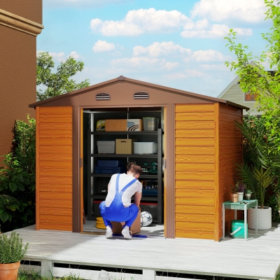 Outsunny Cobertizo de Jardín Exterior 4,84m² 278x195x215cm con 2 Puertas y 4 Ventanas para Almacenamiento de Herramientas Natural