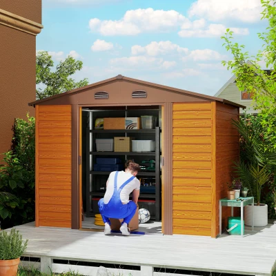 Outsunny Cobertizo de Jardín Exterior 4,84m² 278x195x215cm con 2 Puertas y 4 Ventanas para Almacenamiento de Herramientas Natural