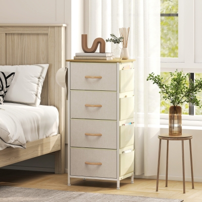 HOMCOM Commode 4 Tiroirs Tissu Beige avec Crochets Acier