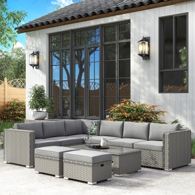 Outsunny 6 Pieces Outdoor PE Rattan Wicker Corner Sofa Set with 10cm Thick Padded Cushions, Aluminium Conservatory Furniture with Glass Top Coffee Table, Footstools, Grey