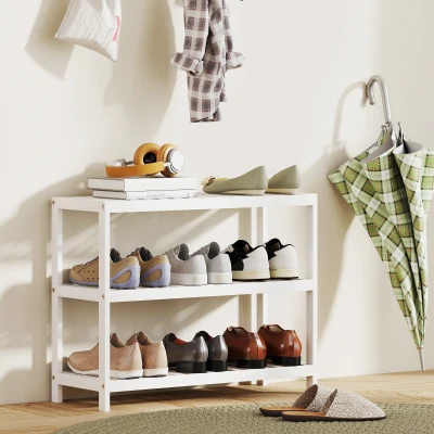 HOMCOM Étagère à Chaussures 3 Niveaux Bambou Blanc