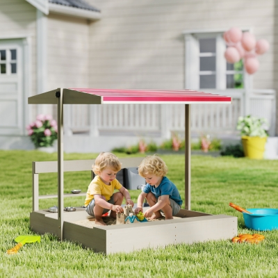 Outsunny Arenero de Madera para Niños con Techo Regulable con Juguetes de Cocina Juego para Niños de 3-7 Años 114x110x110 cm Gris