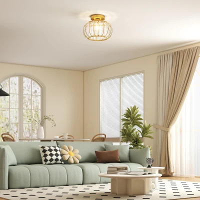 HOMCOM LED-Deckenleuchte Modern und Minimalistisch im Vogelkäfigdesign mit 18 Kristallen, aus Metall Gold, Ø27x19 cm
