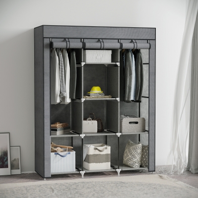 HOMCOM Armario de Tela Plegable Ropero Portátil con 8 Estantes y 2 Barras de Colgar para Dormitorio 125x43x162,5 cm Gris