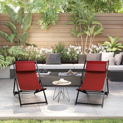Outsunny Conjunto de 2 Tumbonas Plegables con Respaldo Regulable y Reposacabezas Acolchado 58x96,5x91,5 cm Rojo Vino