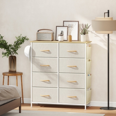 HOMCOM Cajonera de Tela Cómoda con 8 Cajones 4 Bolsillos Laterales 2 Ganchos y Estructura de Acero Beige