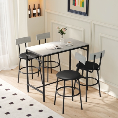HOMCOM Juego de Mesa Alta y 4 Taburetes de Bar con Respaldo y Reposapiés de Estilo Industrial, Gris Cemento