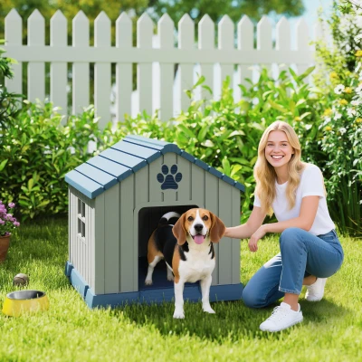 PawHut Hundehütte für mittelgroße Hunde im Freien, wetterfest mit erhöhter Basis und Fenstern, 85x79x82 cm, Grau