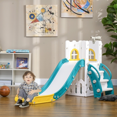 AIYAPLAY Tobogán Infantil 4 en 1 con Aro de Baloncesto Telescopio Escalador y Cesta Inferior para Interior Amarillo y Verde