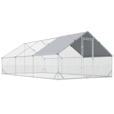 PawHut Galinheiro de Exterior Grande 3x6x2m Gaiola para 12-18 Galinhas de Aço Galvanizado com Teto de PE e Fechadura para Coelhos Prata