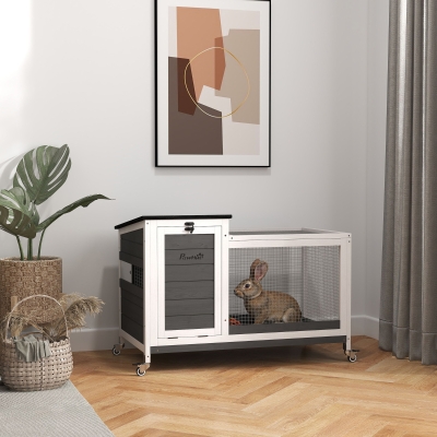 PawHut Kaninchenstall aus Holz Hasenstall mit Freilaufgehege Rädern Klappdach für Innen, draußen 92 x 52 x 67 cm Dunkelgrau
