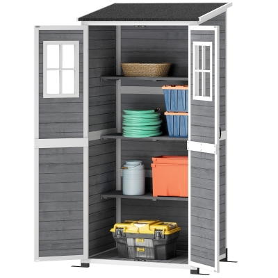Outsunny Gartenlagerschuppen, Werkzeugschuppen mit 2 Fenstern, Bodenpfähle, Asphalt-Dach, 91 x 69 x 192 cm, Tannenholz, Hellgrau