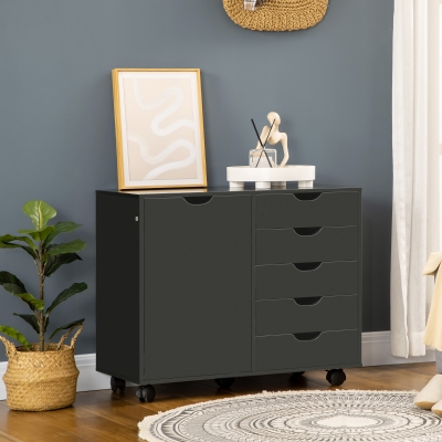 HOMCOM Caisson de oficina con 5 cajones 1 puerta estante ajustable, soporte para impresora con ruedas, 78x40x66,5 cm, negro