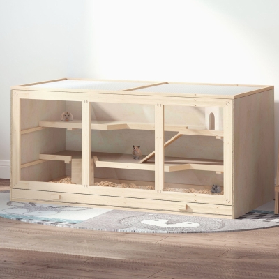 PawHut hamsterkooi, knaagdierenkooi, muizenkooi met trappetjes, drie verdiepingen massief hout PVC naturel