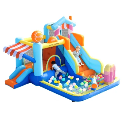 Chateau gonflable pour enfants avec toboggan aquatique et trampoline, Bleu