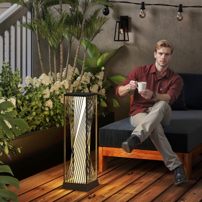 Outsunny Lámpara de Jardín de Ratán Sintético con Luces LED Encendido y Apagado Automático Impermeable 22x22x77 cm Gris