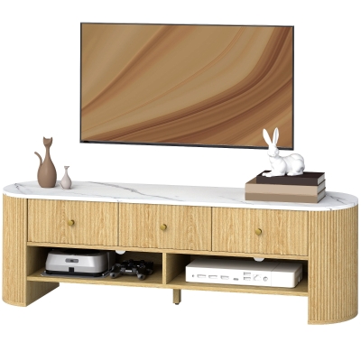 HOMCOM TV-Schrank 140 cm, TV-Möbel für 65-Zoll-Fernseher mit Marmoreffekt, 3 gerillten Schubladenfronten, Naturholzeffekt