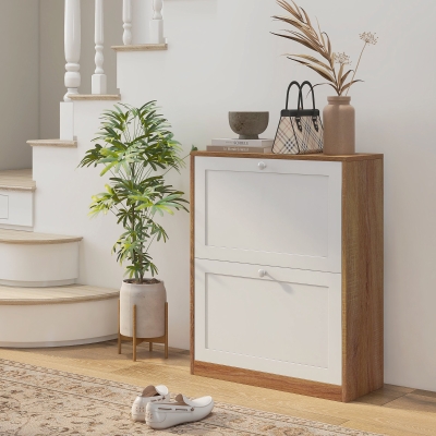 HOMCOM Zapatero Estrecho con 2 Puertas Estantes Ajustables para 12 Pares de Zapatos 60x24,5x75,5 cm Natural y Blanco
