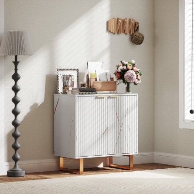 HOMCOM Buffet salon meuble de rangement style moderne con placard de 2 puertas acanaladas, estantería ajustable, patas de metal, blanco