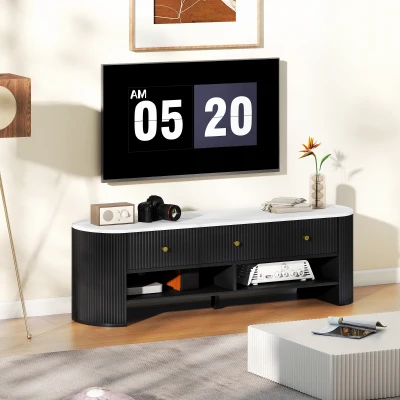HOMCOM TV-Schrank 140 cm, TV-Rack für 65 Zoll Fernseher mit Marmoreffekt, 3 Schubladen mit gerillten Fronten 2 Regale Schwarz