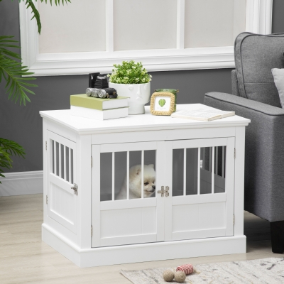 PawHut Jaula para Perros Pequeños Mesa Auxiliar Moderna con 3 Puertas Francés con Cierre Magnético 78x53x59,3 cm Blanco