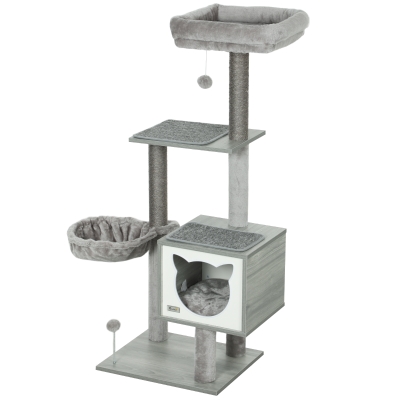 PawHut Katzenbaum Kratzbretter Kratzsäulen Multifunktional Höhle Hängematte Kurze Plüsch Sisal Natürlich 48x40x126cm Hellgrau