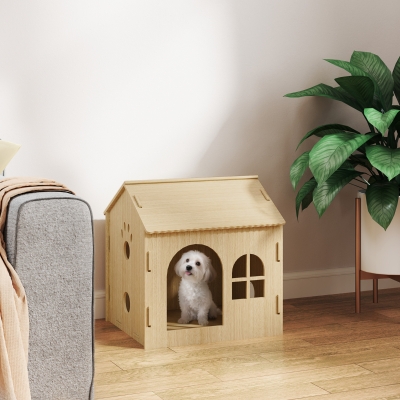 PawHut Caseta para Perros Interior con Ventana Diseño de Garra Hueca Casita para Perros y Gatos 49,5x41x51 cm Roble