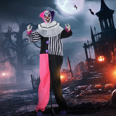 HOMCOM Griezel-Clown Halloween Decoratie, beweegbaar, Lachfunctie, Roze+Paars