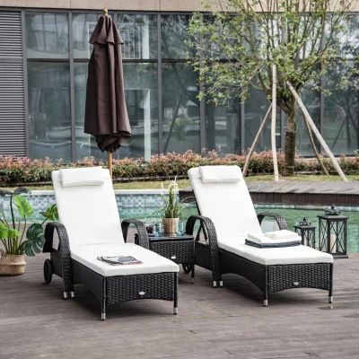 Outsunny 2 Seater Rattan Sun Lounger Set with Side Table Black
