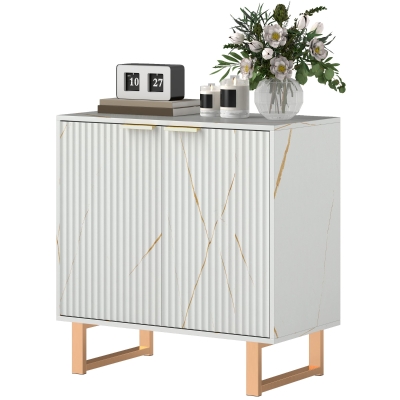 HOMCOM Buffet Moderne Blanc 2 Portes Cannelées Pieds Métal