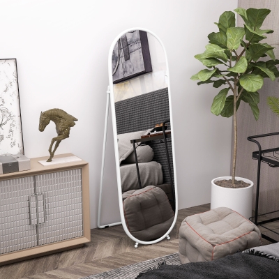 HOMCOM Espejo de Pie Cuerpo Entero con Marco Metálico Espejo de Pared Ovalado con 2 Formas de Uso 40x4x160 cm Blanco