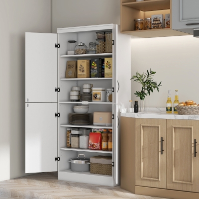 HOMCOM Aparador Alacena de Cocina con 4 Puertas y 6 Estantes Mueble Auxiliar de Estilo Moderno 76x40x176,7 cm Blanco